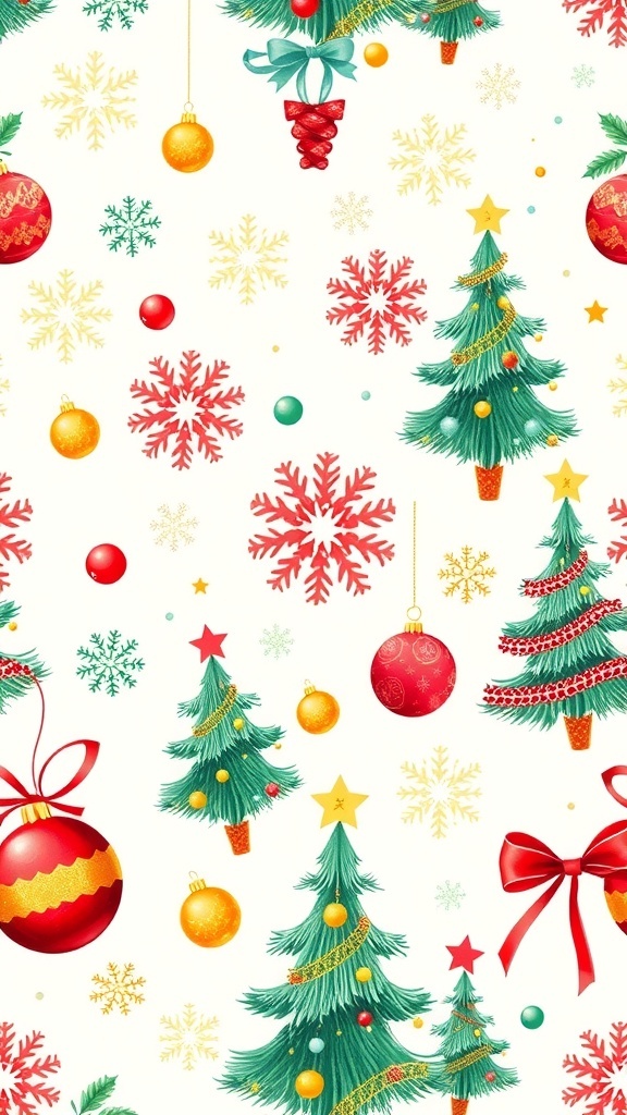 A cute Christmas wallpaper pattern with snowflakes, Christmas trees, and ornaments in red, green, and gold.
